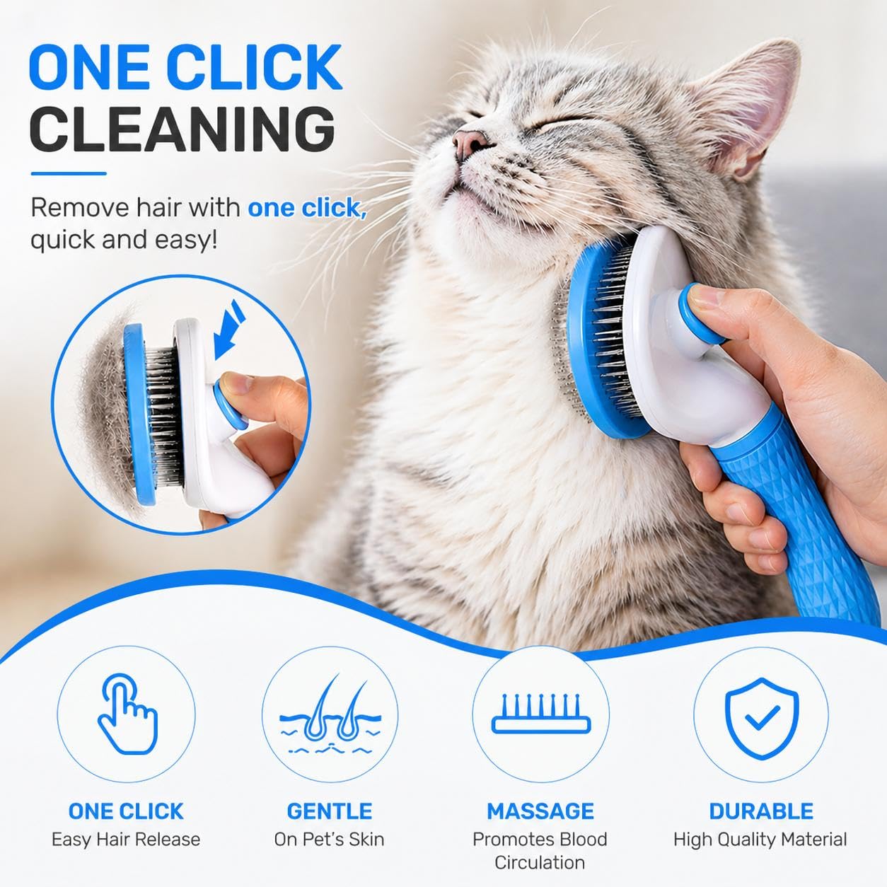 Pet Grooming Deshedding Brush, Self-Cleaning Massaging Brush for Dogs and Cats, Short and Long Hair (Blue)