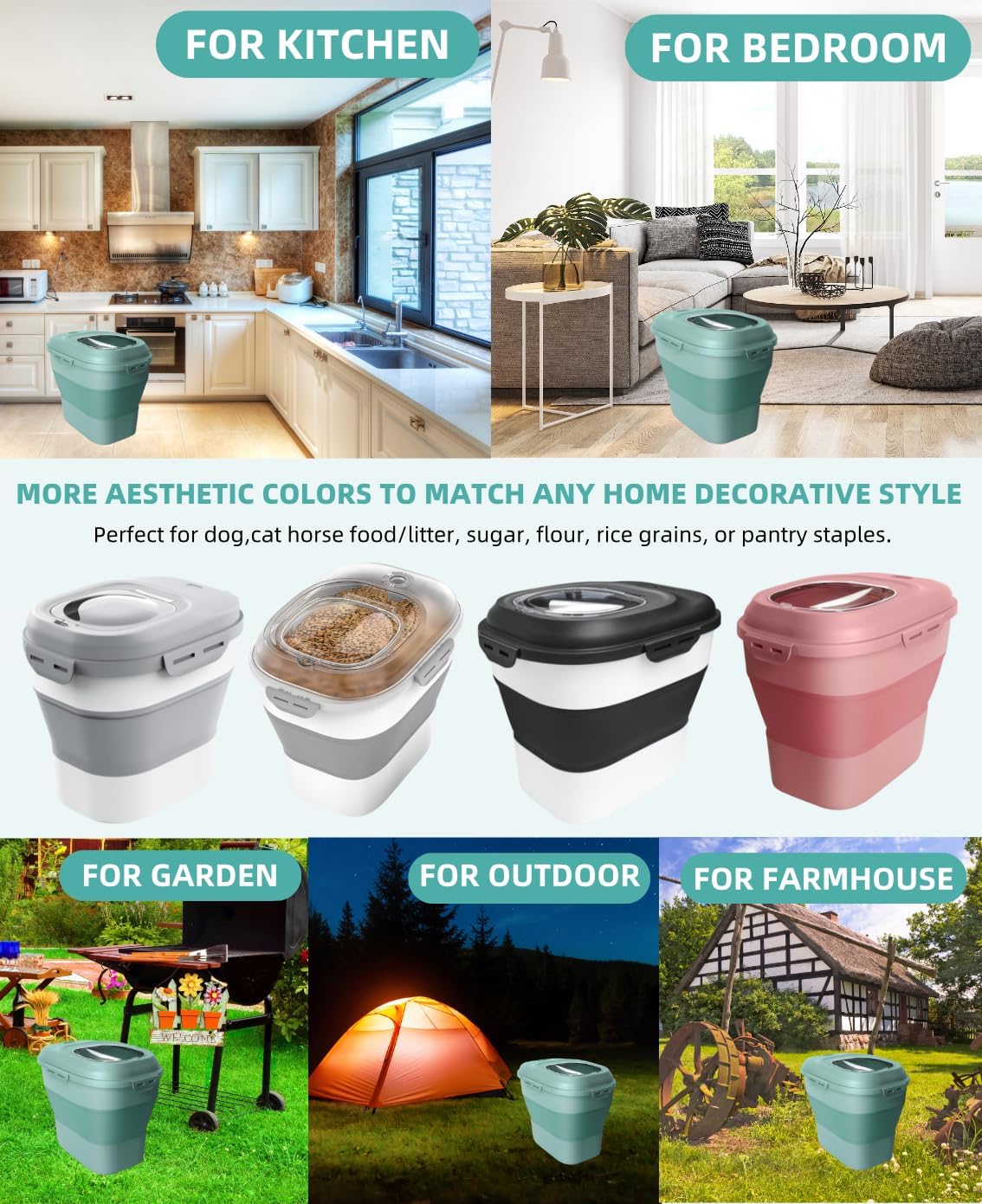 20-30 Lbs Rice Storage Container,Collapsible Food Storage Containers with Rolling Wheel Airtight Locking Lid,Flour Storage Container with Cup and Scoop,Suitable for Food,Rice,Pet Food,Flour