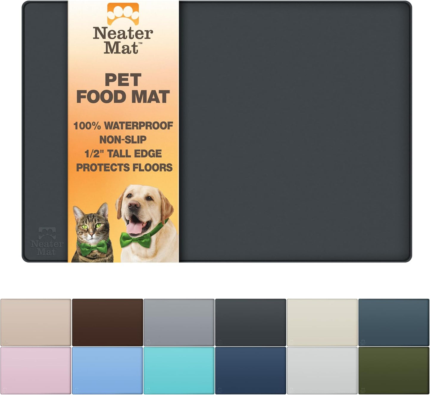 Neater Pet Brands Neater Mat Cat & Dog Food Mat, Waterproof & BPA-Free Silicone Placemat with Raised Edge for Under Food and Water Bowls, 19" x 12", Gunmetal Grey