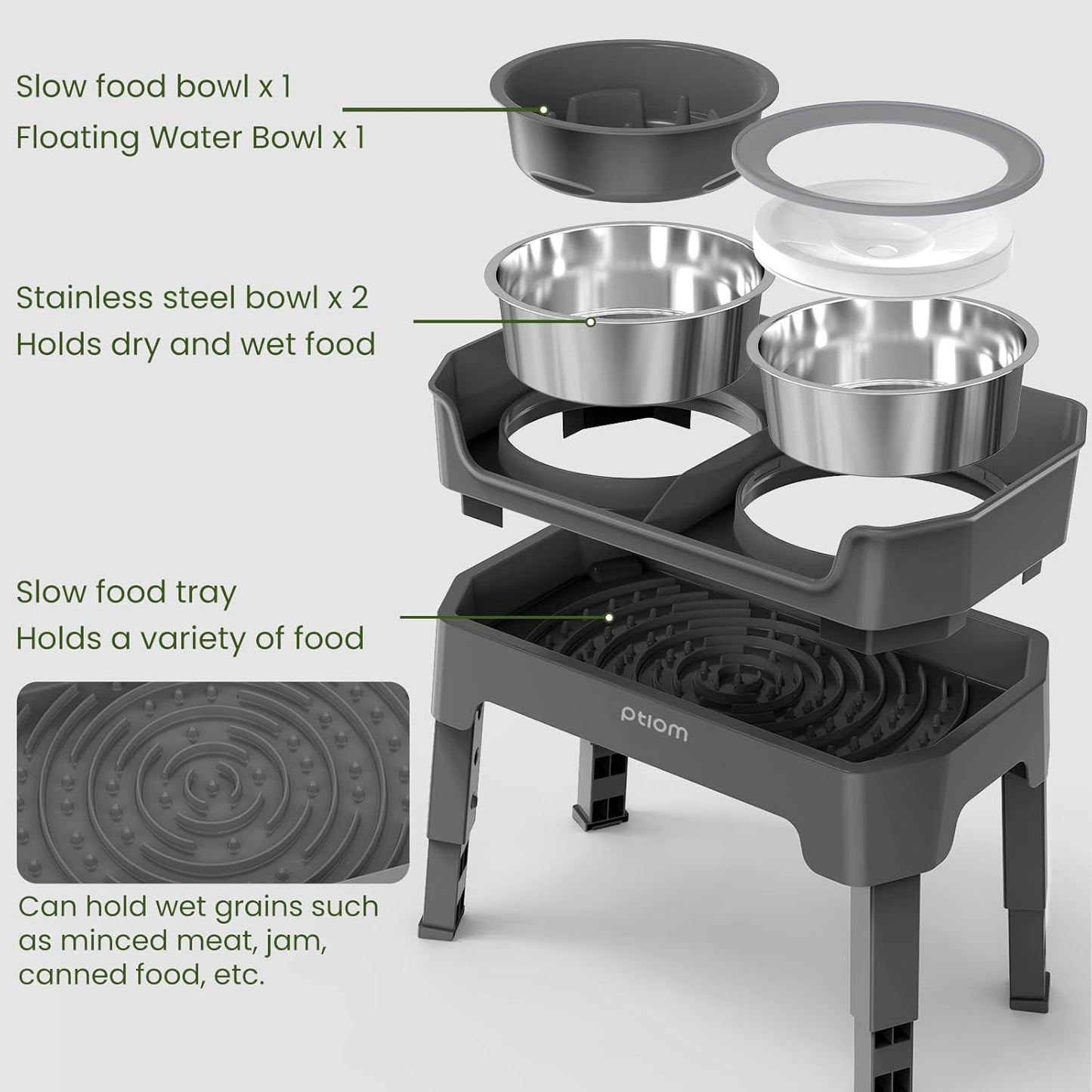 KPWACD 3-in-1 Elevated Dog Bowls Mess Proof Raised Slow Feeder Dog Bowls, 4 Height Adjustable Stand Licking Plate with 2 56oz Stainless Steel Doggy Food Dish for Small Medium Large Pets