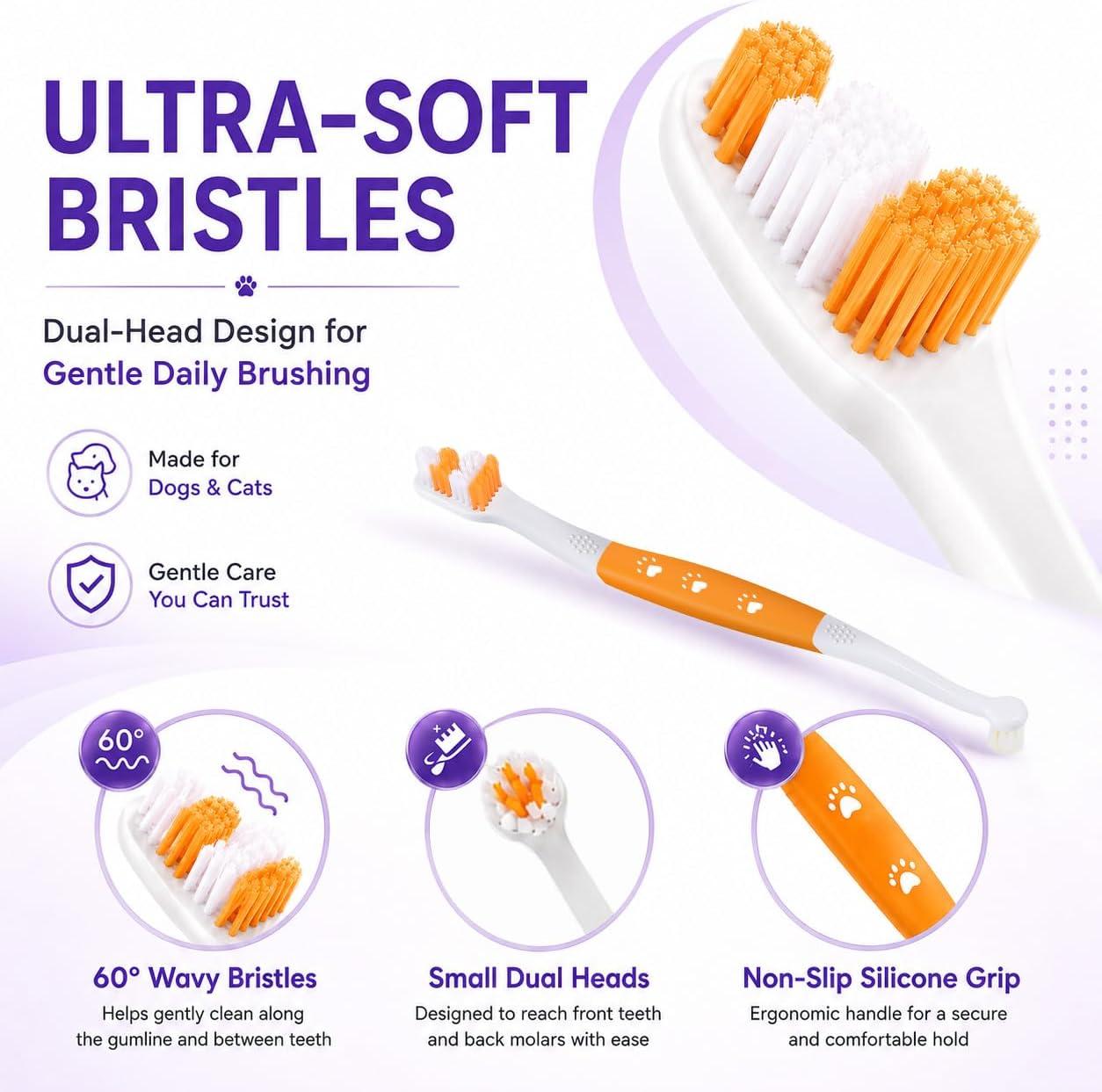 Dog Toothbrush – Newly Upgraded Dual-Head Design with 60° Wavy Bristles – Gently Surrounds Teeth for Deep Cleaning and Plaque Removal – Non-Slip Handle, Ideal for Daily Pet Dental Care (Pink, 1-Pack)