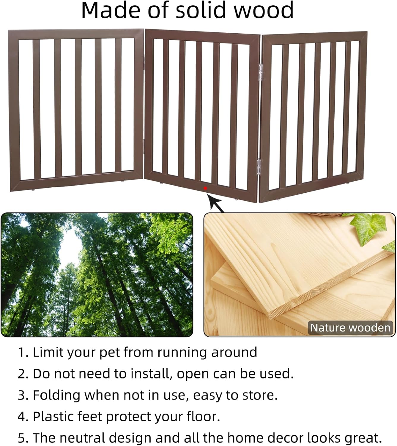 ZJSF Freestanding Indoor Dog Gate for House Foldable Wood Brown Puppy Gate for Doorways Pet Gate for Stairs Extra Wide Pet Fence 24" Height 2 Panels