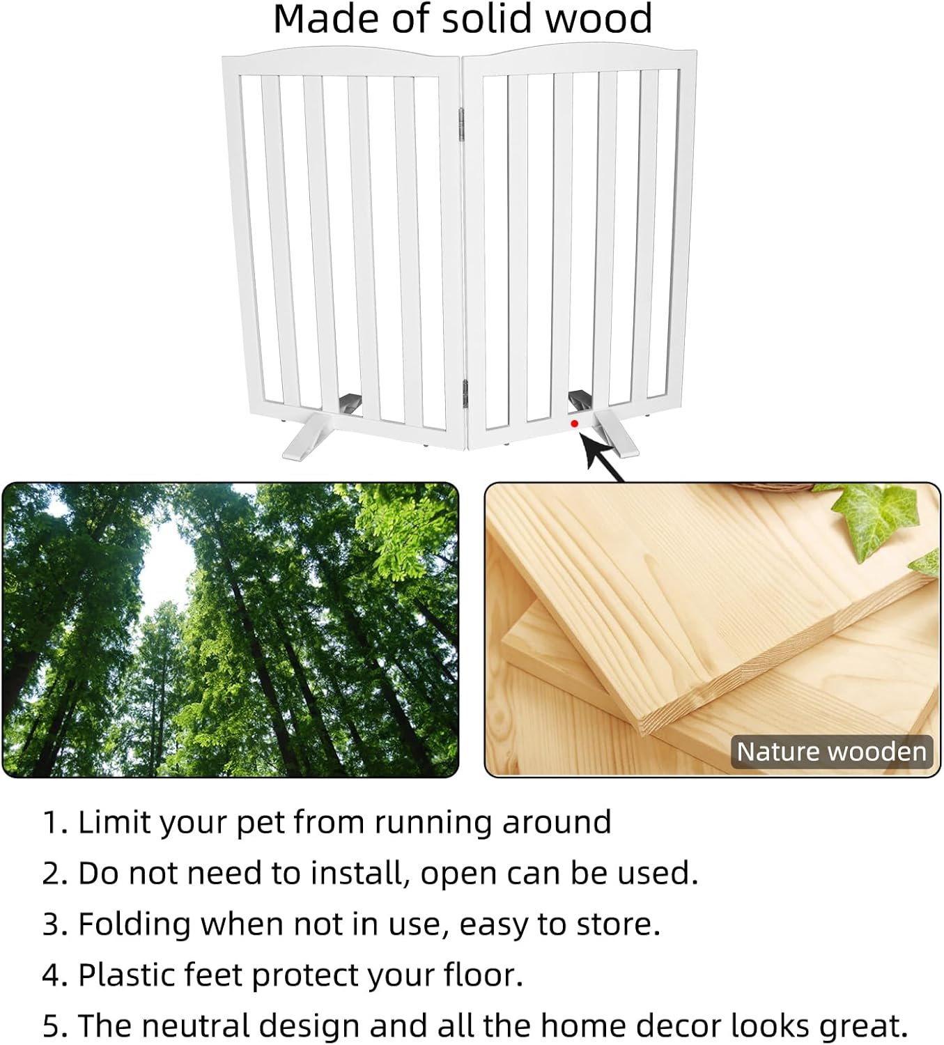 ZJSF Foldable Freestanding Indoor Dog Gate for House Wood White Long Pet Gates Dog Fence for Stairs Puppy Gates for Hallways,Pet Fence, Puppy Gate,Support Feet Included 24 "Height-3 Panels