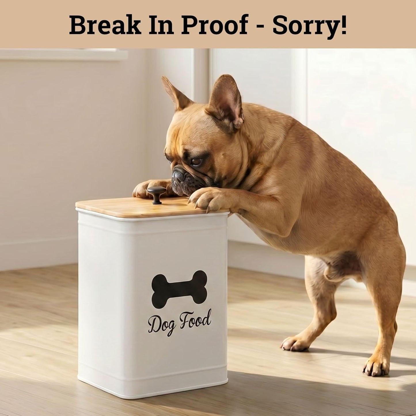 Dog Food Container Airtight 5-7 lb (25 Cup) Capacity - Cute Airtight Dog Food Storage Container with Bamboo Lid & Sturdy Metal Handle - White Metal Kibble Storage Bin for Dogs up to 50 lbs - Pet Jar