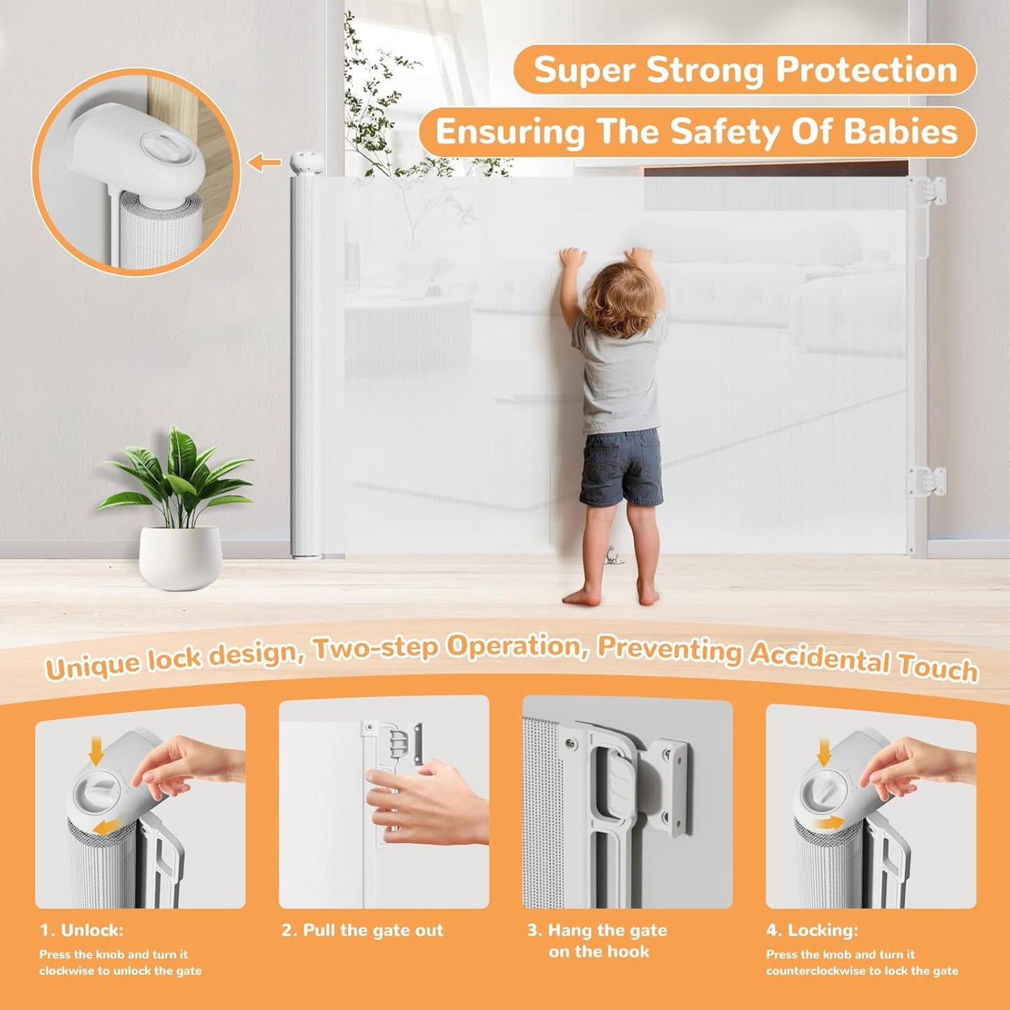 Retractable Baby Gate for Stairs & Doorways, 34" Tall Extends to 55" Wide, Mesh Baby & Pet Gate with Anti-Crawling Hook, Safety Gate for Toddlers, Doorways, Hallways, Indoor, Black