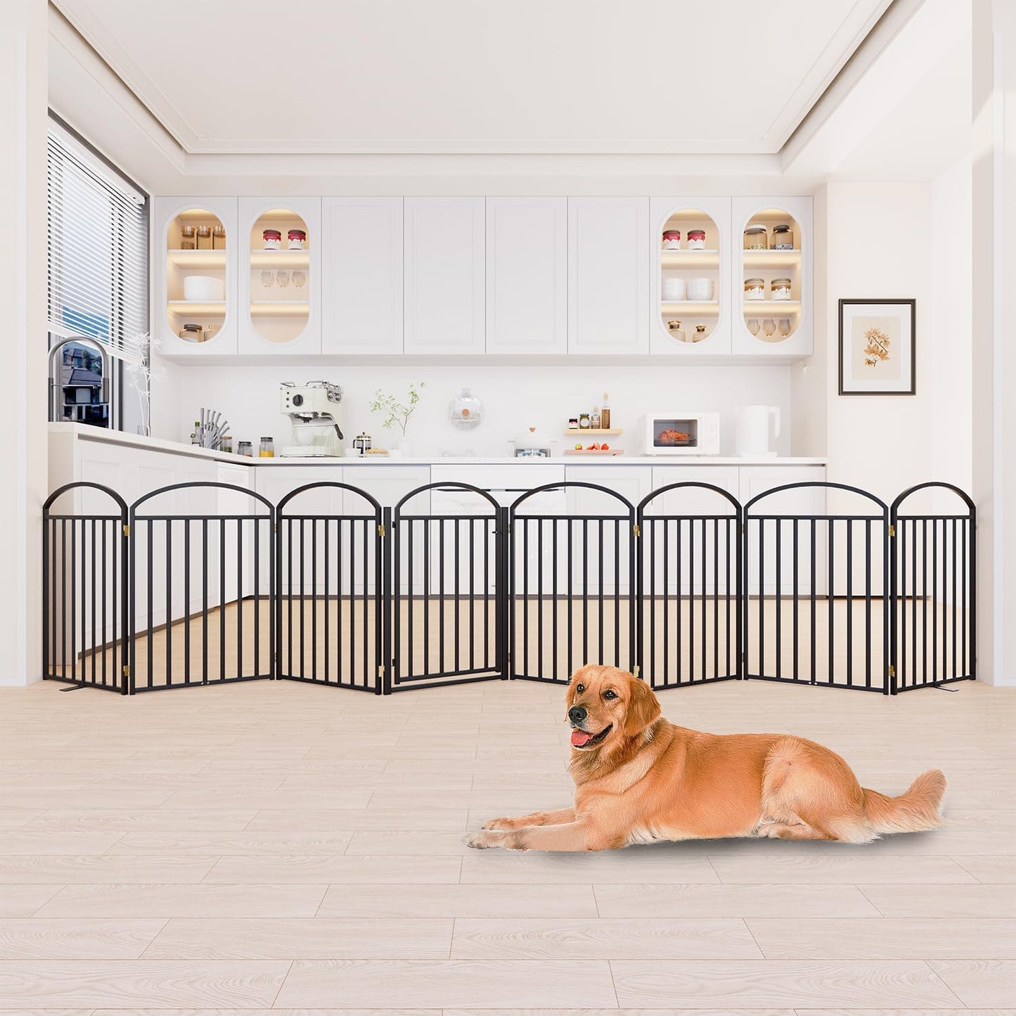 SNUOWU 4 Panels Full Matel Freestanding Dog Gates with Door, 96"Extra Wide 32"Tall Free Standing Dog Pet Gate for Indoor & Outdoor. Foldable Pet Fences for Doorways, House, Stairs, Porch, Deck, Yard