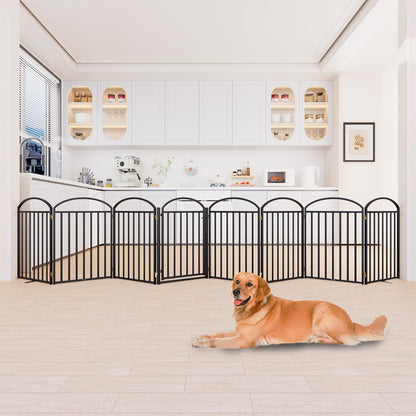 SNUOWU 4 Panels Full Matel Freestanding Dog Gates with Door, 96"Extra Wide 32"Tall Free Standing Dog Pet Gate for Indoor & Outdoor. Foldable Pet Fences for Doorways, House, Stairs, Porch, Deck, Yard