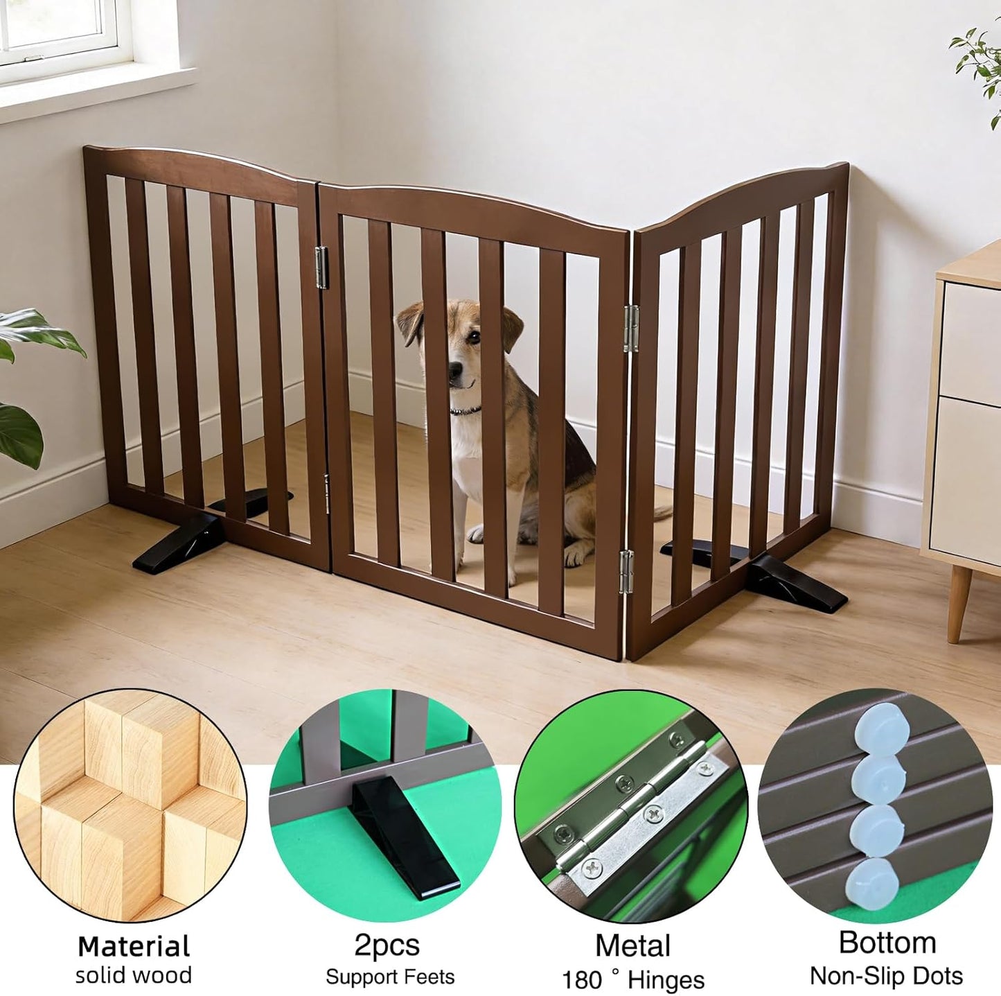 Freestanding Dog Gate Indoor,Doggie Gate Foldable Dog Gates for Doorways,Stairs or Hallways, Wooden White Pet Gate for the House, Pet Fence with Support Feet Included,24 "Height-4 Panels