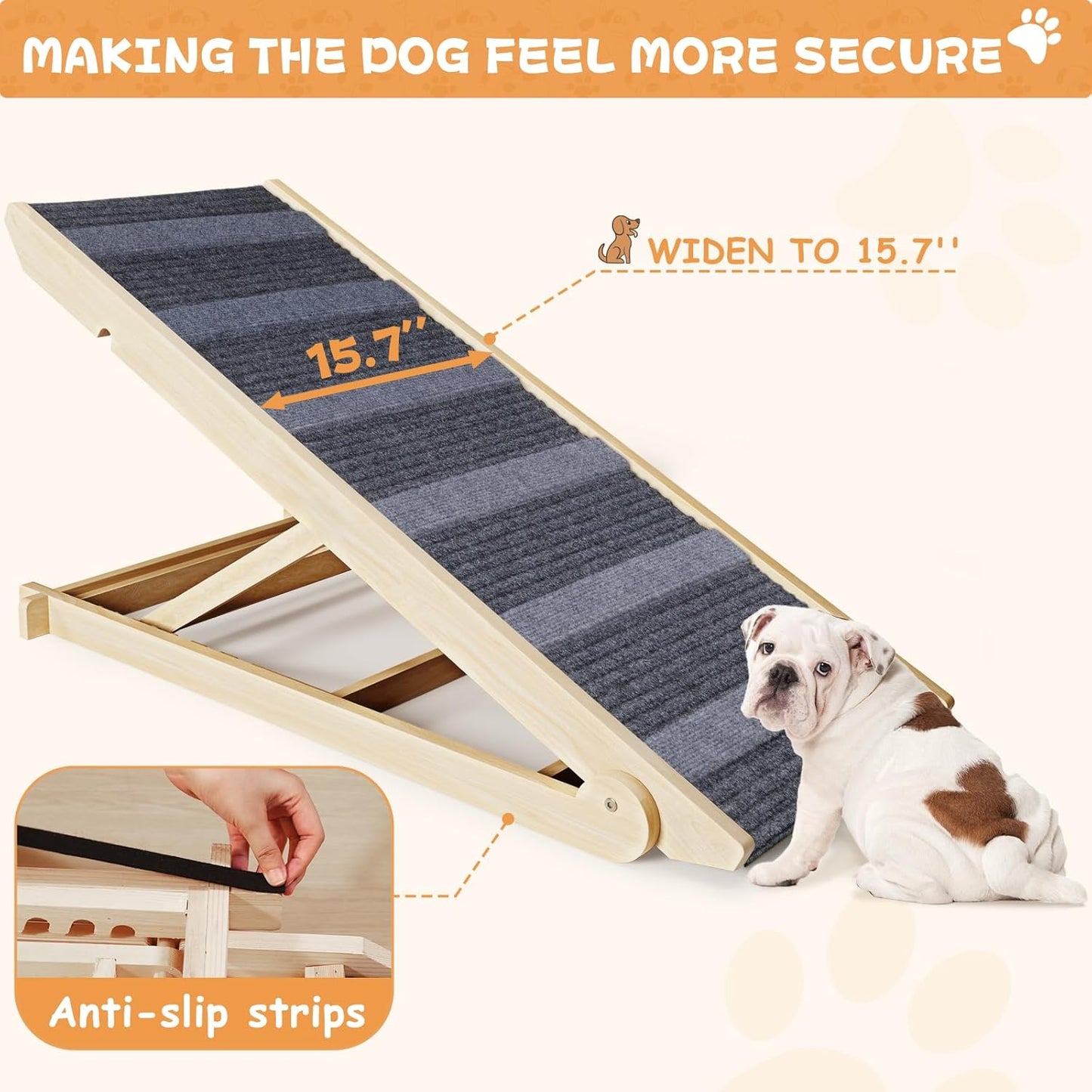YaFiti Dog Ramp for Bed, Folding Wooden Pet Ramp for Small Large Dogs Cats, 7 Adjustable Height from 10.8" to 26.6", Portable Stable Dog Pet Steps for Car Couch High Bed, Supports Up to 200lbs