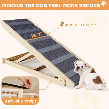YaFiti Dog Ramp for Bed, Folding Wooden Pet Ramp for Small Large Dogs Cats, 7 Adjustable Height from 10.8" to 26.6", Portable Stable Dog Pet Steps for Car Couch High Bed, Supports Up to 200lbs