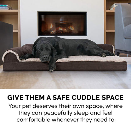 Furhaven Memory Foam Dog Bed for Large Dogs w/ Removable Bolsters & Washable Cover, For Dogs Up to 95 lbs - Two-Tone Plush Faux Fur & Suede L Shaped Chaise - Espresso, Jumbo/XL