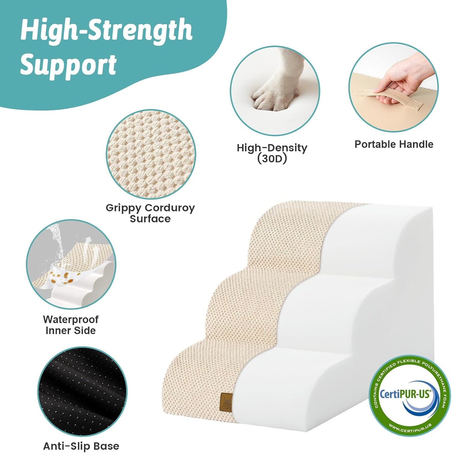 COZY KISS Dog Stairs for Small Dogs 15.7" H, 4-Step Sturdy Foam Dog Steps for Couch and Bed, Curved Pet Stairs for Puppy and Older Cat, Doggie Ladder with Washable Cover, 15.7x28.3x15.7 inch, Beige