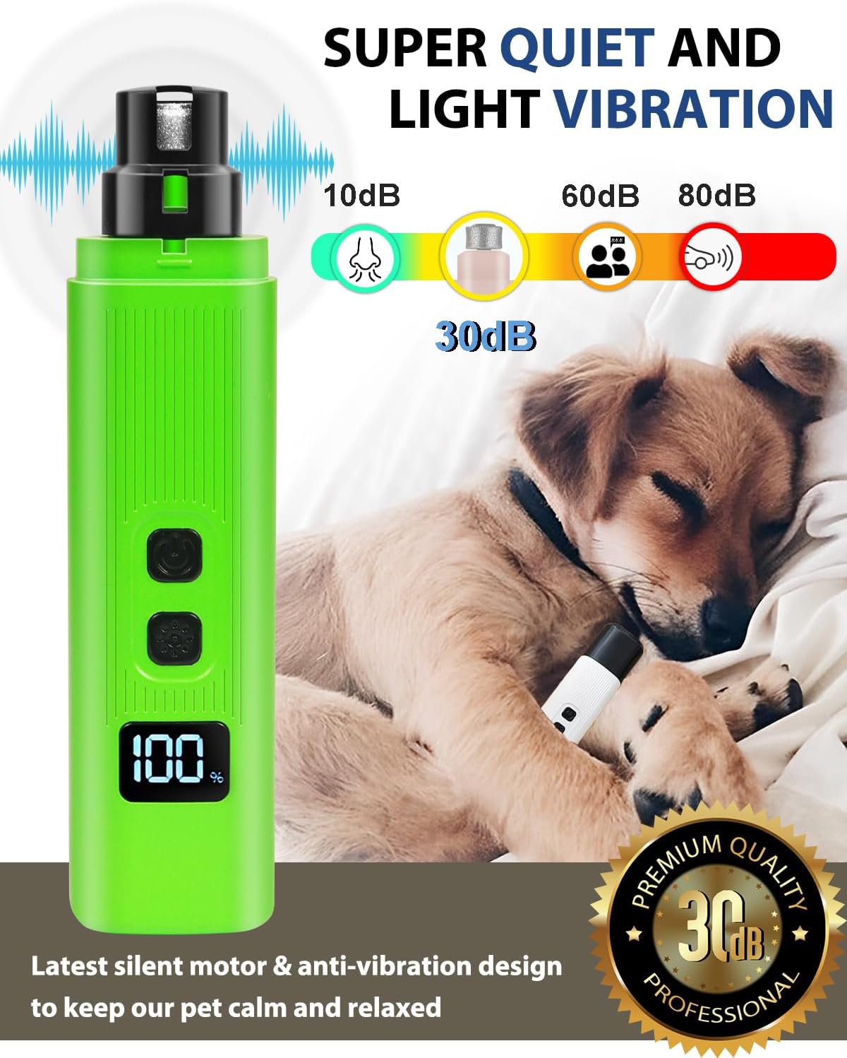 Electric Dog Nail Grinder with 2 Level LED Lights, 2 Speed 30dB Super Quiet and Low Vibration Turbo Charge Pet Nail Grinder for Small Dogs and Cats - White