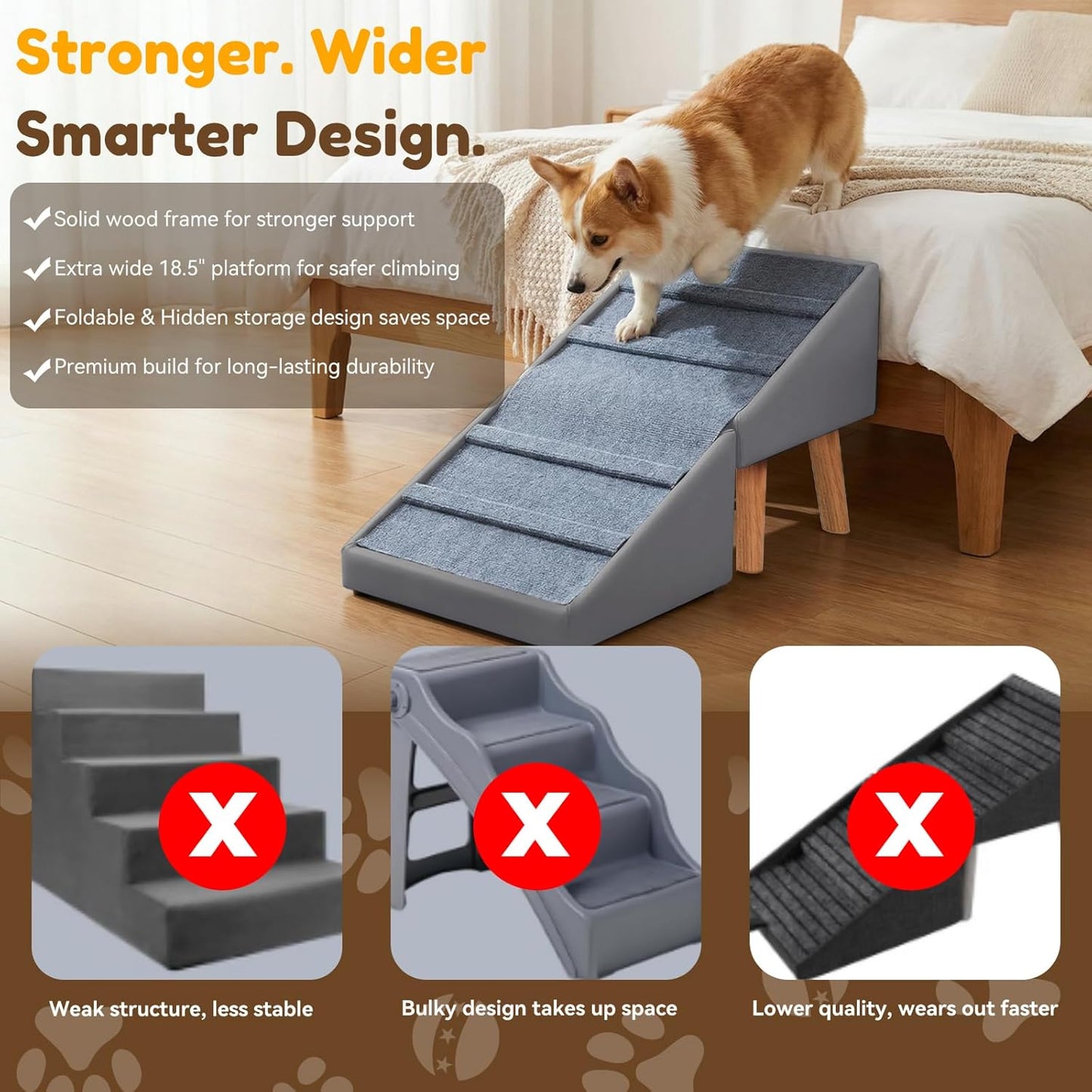 Dog Ramp for Small Dogs, 15.7" H 3-in-1 18.5" Extra Wide Foldable Ottoman & Hidden Storage Design Dog Stairs for Couch Sofa, Non-Slip Pet Steps for Puppy Senior Injured Dogs (White)