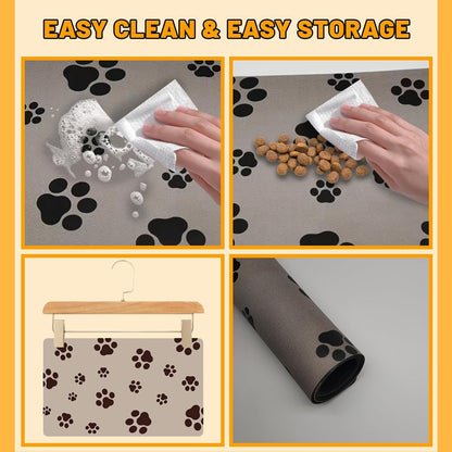 18"×30" Dog Food Mat-Absorbent Dog Mat for Food and Water, No Stains Quick Dry Cat Food Bowl Mat with Footprints for Messy Drinkers,Dark Grey