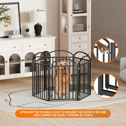 SNUOWU 4 Panels Full Matel Freestanding Dog Gates with Door, 96"Extra Wide 32"Tall Free Standing Dog Pet Gate for Indoor & Outdoor. Foldable Pet Fences for Doorways, House, Stairs, Porch, Deck, Yard