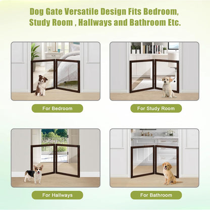 LZRS Clear Dog Gate for Indoor Use - Transparent Pet Fence with Solid Hardwood and Plastic Board, Stylish & Durable freestanding Pet Gate for Doorways, Stairs and Hallways-2 Panel Cherry