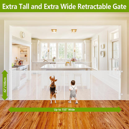 Reinforced 42" Tall Retractable Dog Gate, 155" Extra Long Retractable Baby Gate with Support Rods - Prevent Crawling Under, Indoor/Outdoor Retractable Gate Extra Tall Baby Gate Retractable Fence/Black