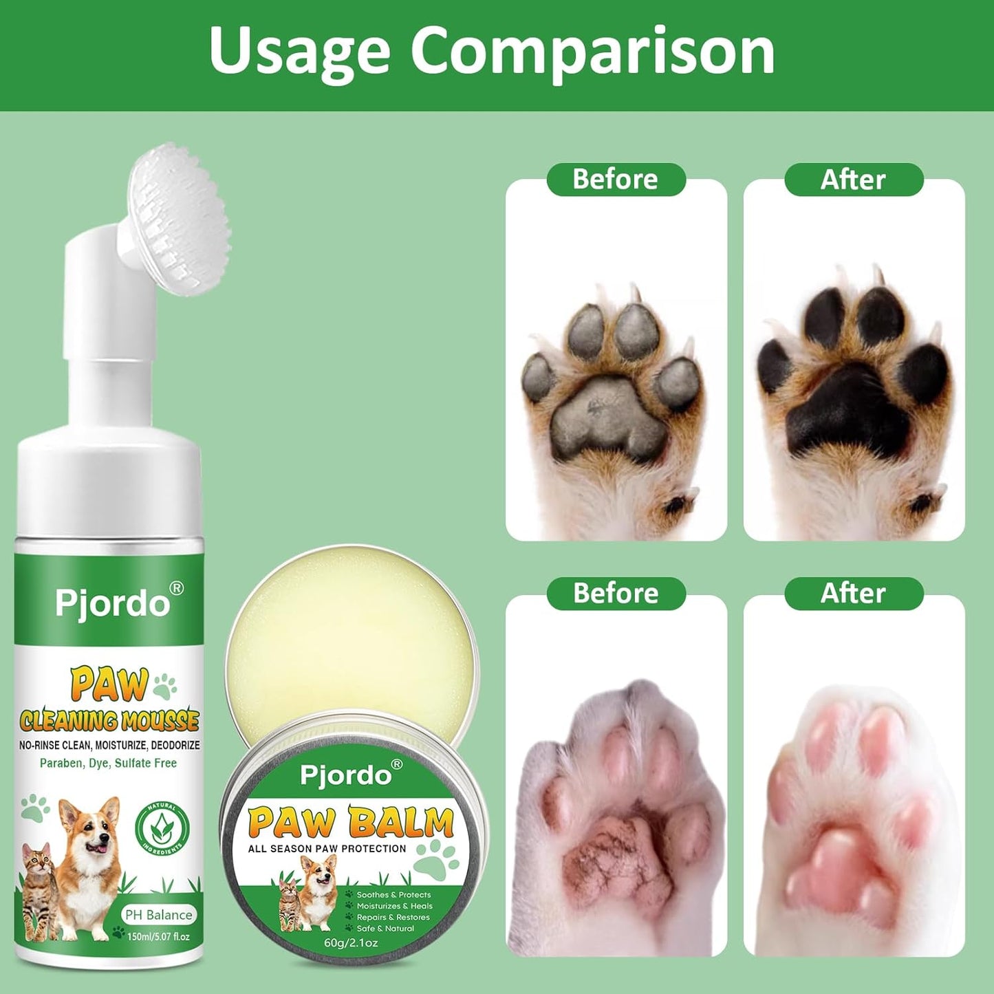Pjordo Dog Paw Cleaner - No-Rinse Pet Paw Cleanser for Dogs, Repairs Dry Cracked Paws, Protector Kit for Pet Foot Care