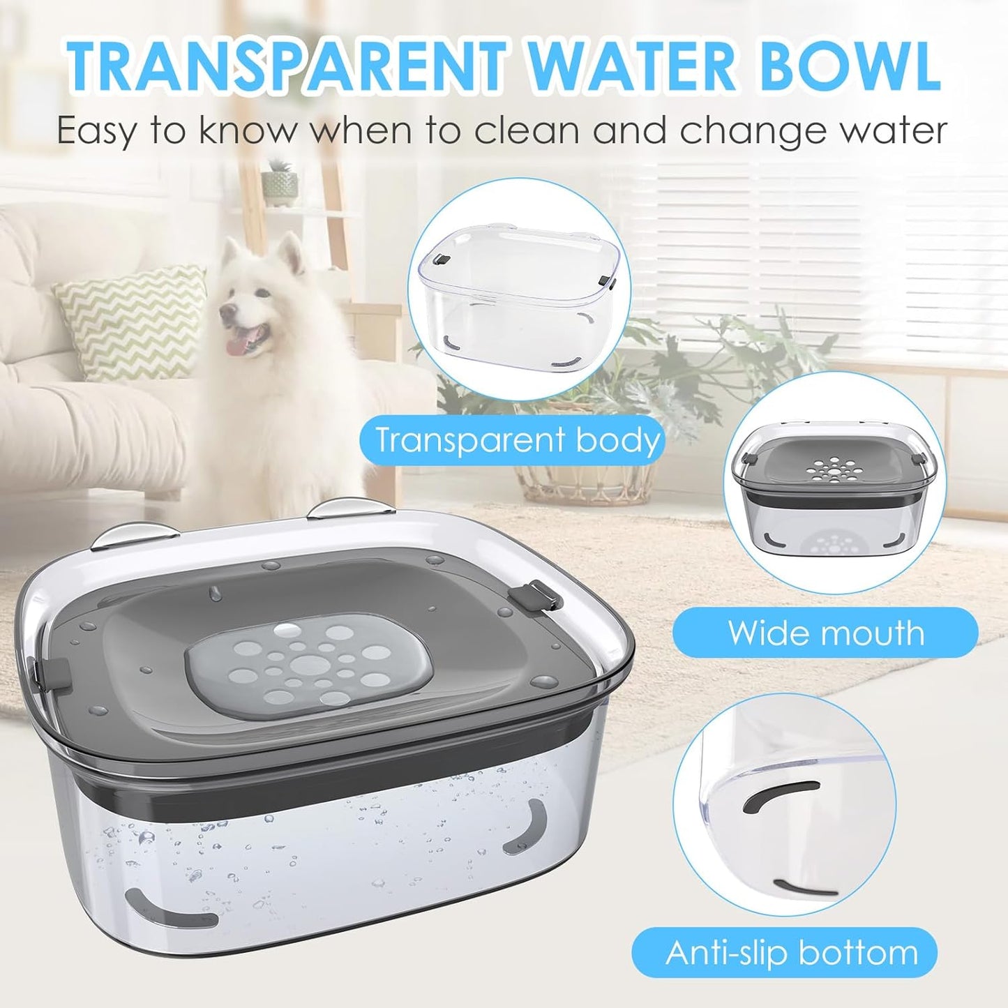 AONKEY 3L Dog Water Bowl No Spill, 101oz Large Spill Proof Dog Bowl Reduce Refill, Anti Splash No Mess Dispenser Dripless Slow Drinking Water Bowl for Sloppy Messy Drinkers (Gray)