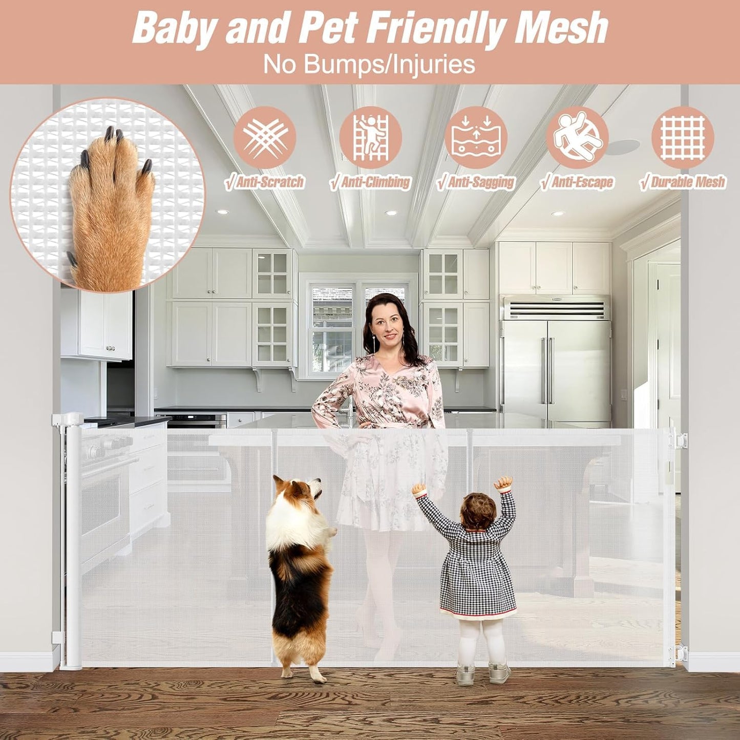 Reinforced 42" Tall Retractable Dog Gate, 155" Extra Long Retractable Baby Gate with Support Rods - Prevent Crawling Under, Indoor/Outdoor Retractable Gate Extra Tall Baby Gate Retractable Fence/Black