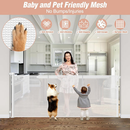 Reinforced 42" Tall Retractable Dog Gate, 155" Extra Long Retractable Baby Gate with Support Rods - Prevent Crawling Under, Indoor/Outdoor Retractable Gate Extra Tall Baby Gate Retractable Fence/Black