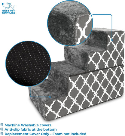 Best Pet Supplies Non-Slip Foam Dog Stair & Pet Ramp, Balanced Indoor Step Support - Foldable Stair, Ash Gray Linen,3-Step