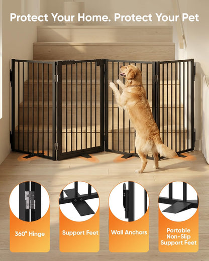 Full Metal Free Standing Dog Gate with Door for Indoor & Outdoor,80'' Extra Wide 32'' Tall Dog Gate for The Doorways,Large Openings,Decks,Porch,Pet Freestanding Safety Fence(4 Panels,Black)