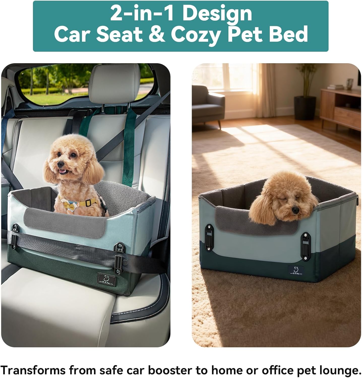 A 4 Pet Dog Car Seats for Small Dogs Under 25lbs – Safety Travel Booster Seat with Patent Buckles, Adjustable Leash – Reduces Anxiety & Road Trips – Frame Support for Cars, SUV, Pickup