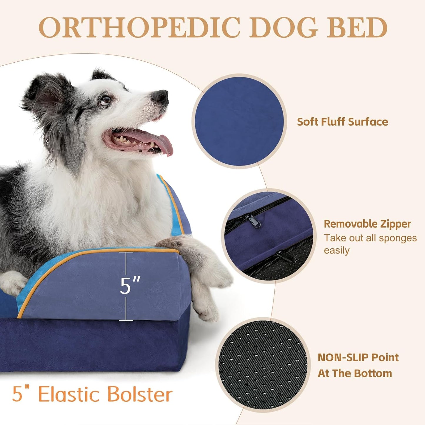 Comfort Expression Orthopedic Dog Bed for Extra Large Dogs 42x30 Inch, Waterproof Egg Crate Foam XL Pet Bed with Removable Bolsters, Dog Couch with Washable Cover & Non-Slip Bottom, Grey - Colors B