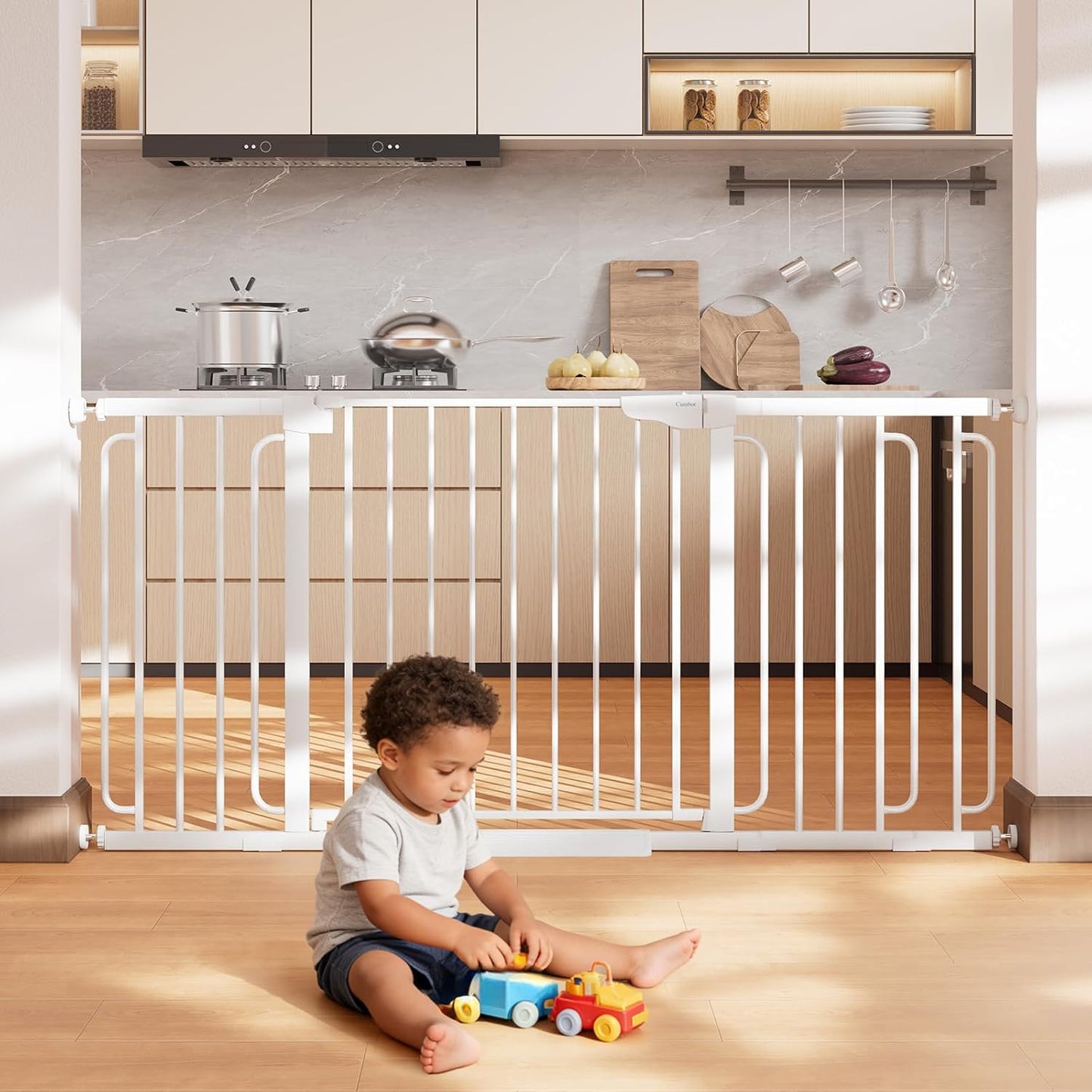 Cumbor 36.6-64" Extra Wide Baby Gate for Stairs, Dog Gates for Doorways, Auto-Close Pet Gate Indoor, Pressure Mounted Walk Through Safety Child Gate for Kids Toddler, Tall Pet Puppy Fence Gate, Brown