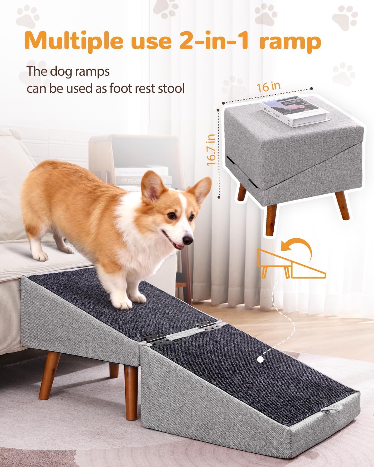 17.13" H Split Ottoman Dog Ramp for Couch and Bed, Non Slip Dog Stairs for Small Medium Large Dogs Cats Puppy, Joint Support 2 in 1 Foldable Wooden Pet Steps for Senior/Injured Dogs, Space Saving