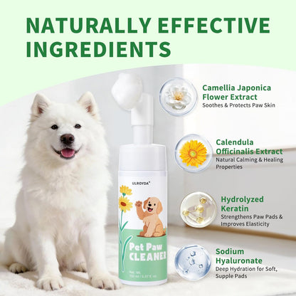 Dog Paw Cleaner No-Rinse Foam, 5-in-1 Paw Washer with Soft Silicone Brush - Removes Mud Dirt & Odor, Moisturizes & Soothes Dry Cracked Paws, pH-Balanced Hypoallergenic for Dogs & Cats, 5.07oz
