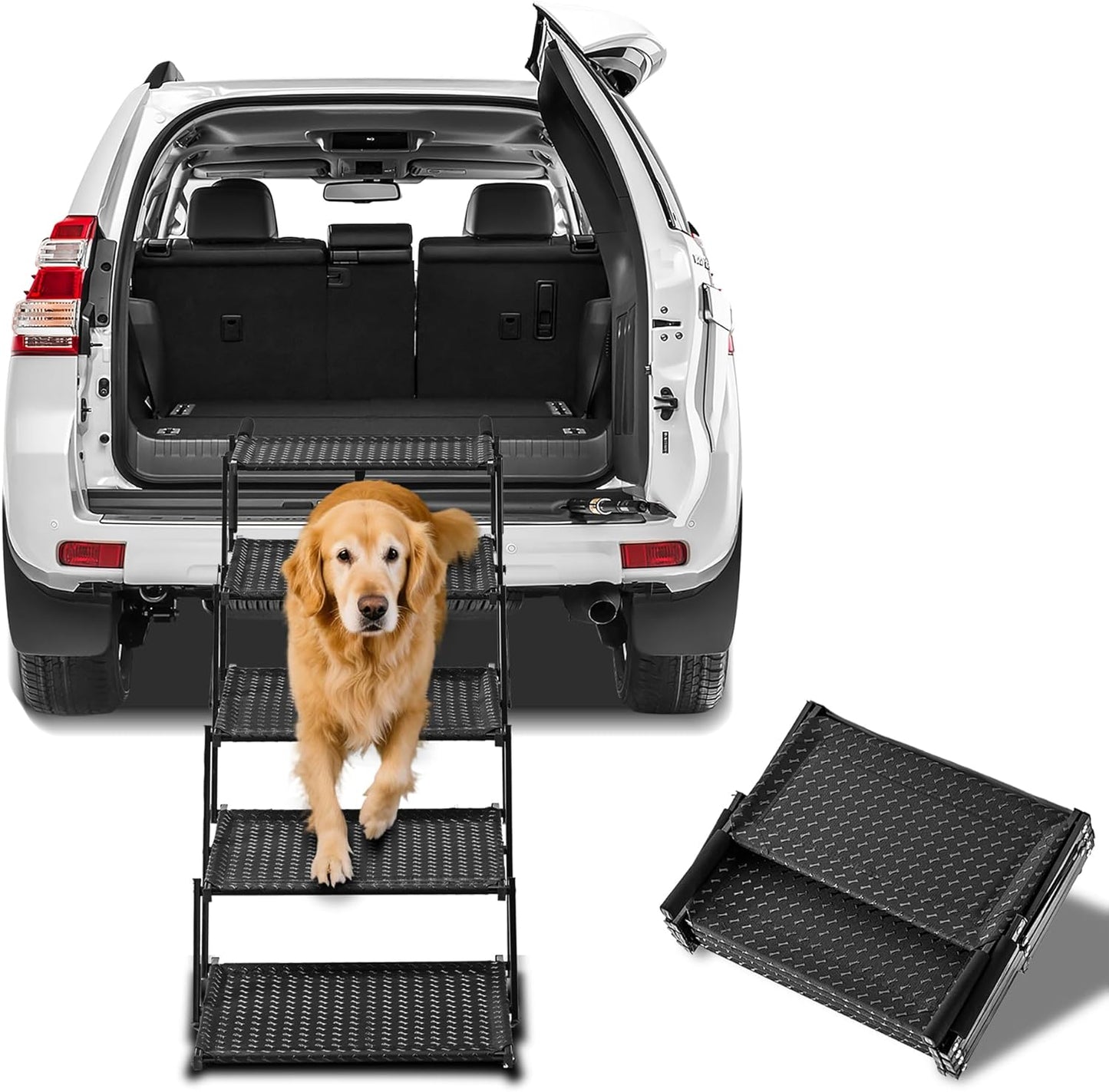 Dog Stairs for Car - Foldable 5-Step Non-Slip Pet Stairs for Home, Lightweight Dog Steps for Senior & Small Dogs to SUV, Truck, Bed - Supports 200 lbs