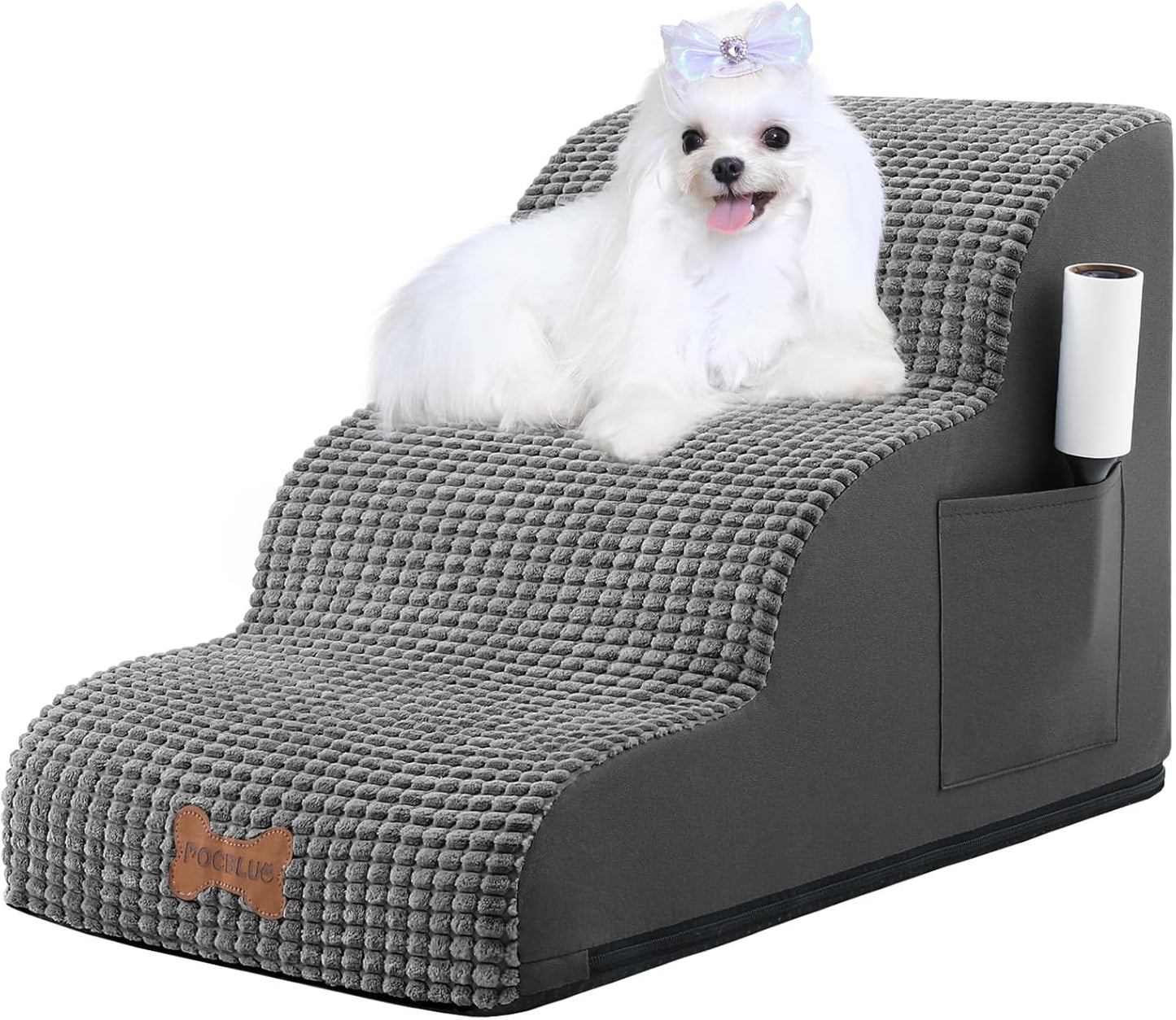 POCBLUE Dog Stairs for Small Dogs 15.7" H, Wide Pet Step for Couch/Sofas/Chairs, Curved Pet Ramps for Small Dogs & Cats with High-Density Foam and Washable Cover, 3-Step, Grey