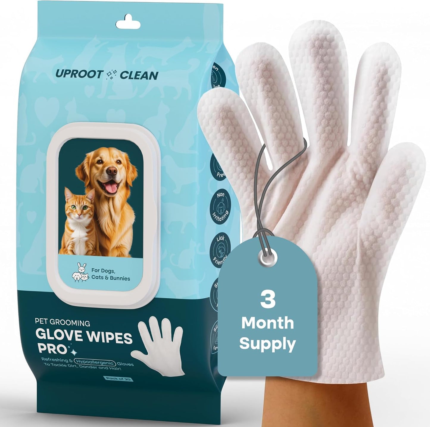 Uproot QuickClean Gloves Pro: Extra-Thick Pet Glove Wipes for Dogs & Cats - Easy Wipe Paws, Eyes, Ears, Butt, & Body - Lick-Safe for Cats & Dogs - Cleaning, Deodorizing & Grooming (20 Pack)