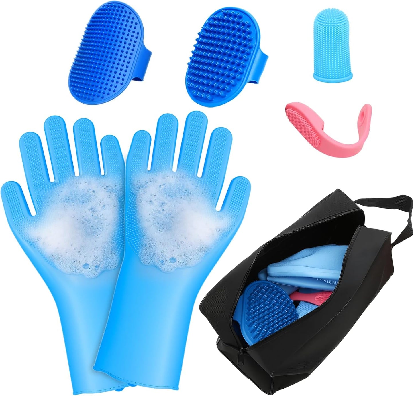 7PCS Dog Washing Gloves | Dog Bath Brush | Storage Bag | Dog Finger Toothbrush for Short & Long Haired Dogs & Cats | Efficient Deshedding Bathing & Massaging, Suitable for Pets (Sage Green)