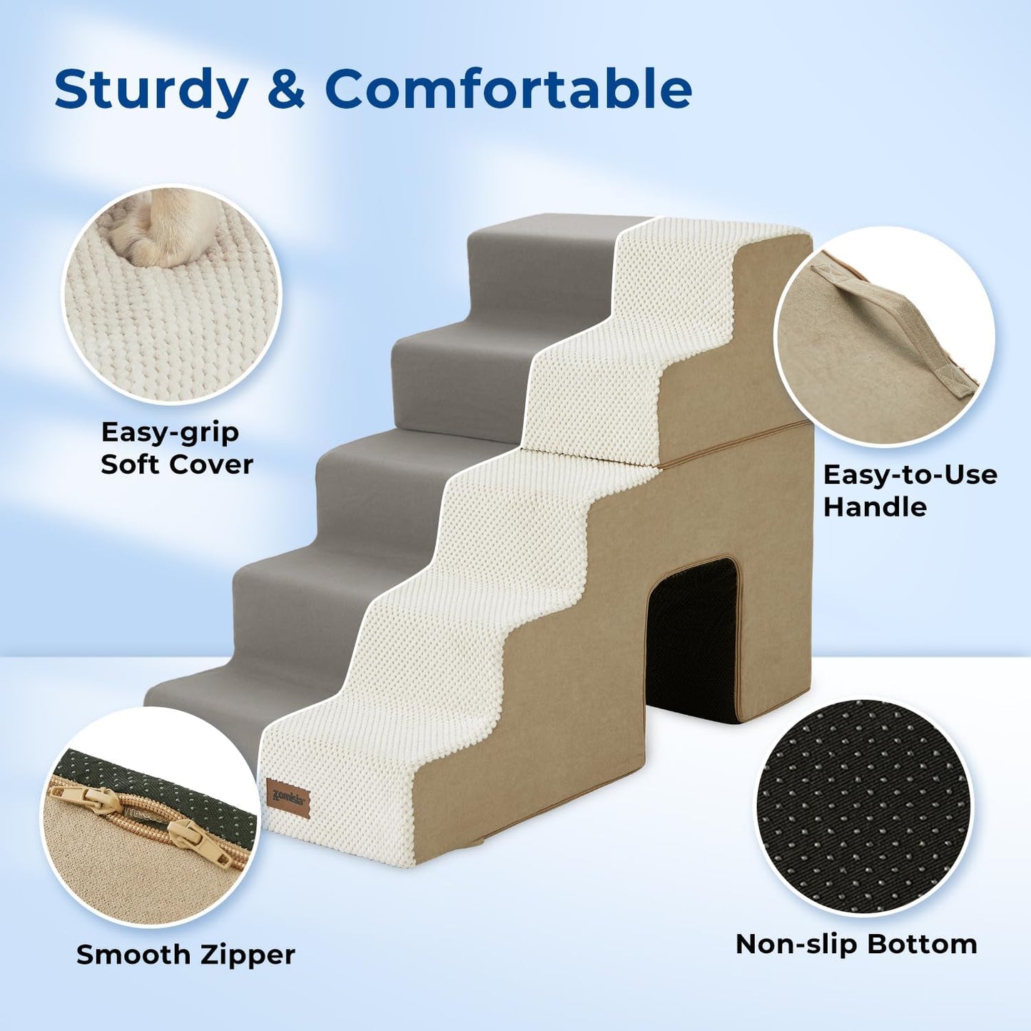 ZOMISIA Dog Ramp for Large Dogs - 24"H 5-Step Pet Stairs for High Beds with Tunnel, 2-in-1 Design with Zippers, Suitable for Indoor Cat Ladders with Non-Slip Bottom, Beige