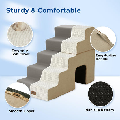 ZOMISIA Dog Ramp for Large Dogs - 24"H 5-Step Pet Stairs for High Beds with Tunnel, 2-in-1 Design with Zippers, Suitable for Indoor Cat Ladders with Non-Slip Bottom, Beige