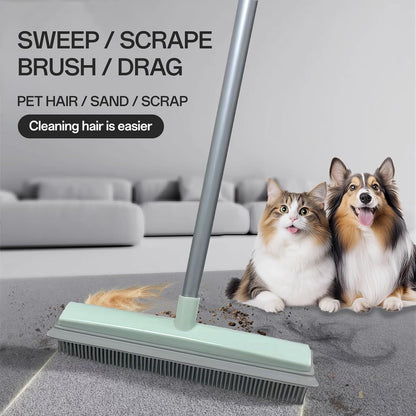 Pet Hair Rubber Broom with Squeegee for Carpet,Fur Remover Broom Carpet Rake for Pet Hair Removal, with 50" Long Handle, Dual-Sided for Hardwood Floor, Tile,Portable Detailing Lint Brush