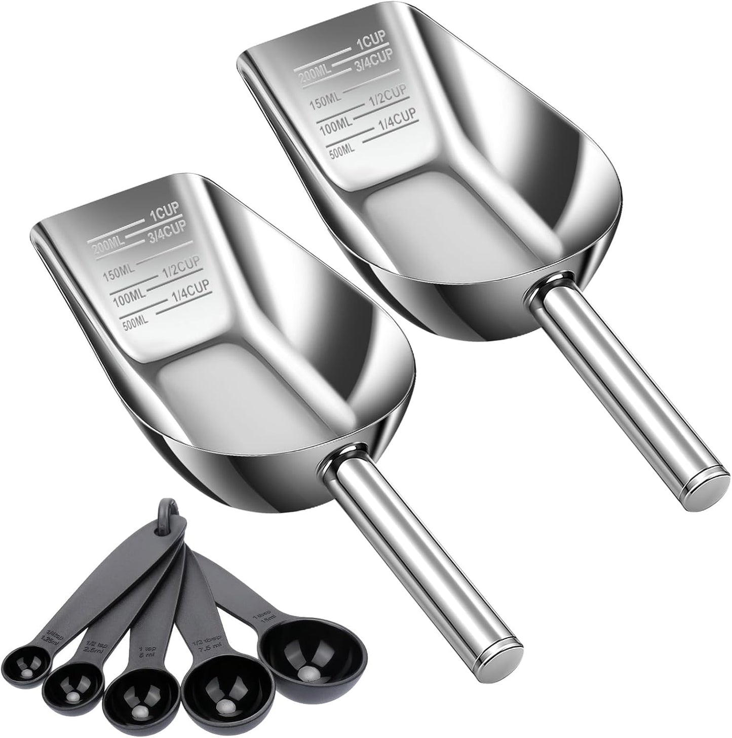 AIERSA Pet Food Scoop & Measuring Cup for Dogs & Cats, Stainless Steel Dog Scoop1 ¾ / ½ / ¼ Cup with Multi-Unit Markings for Precision Feeding, Easy-Clean Metal Food Storage
