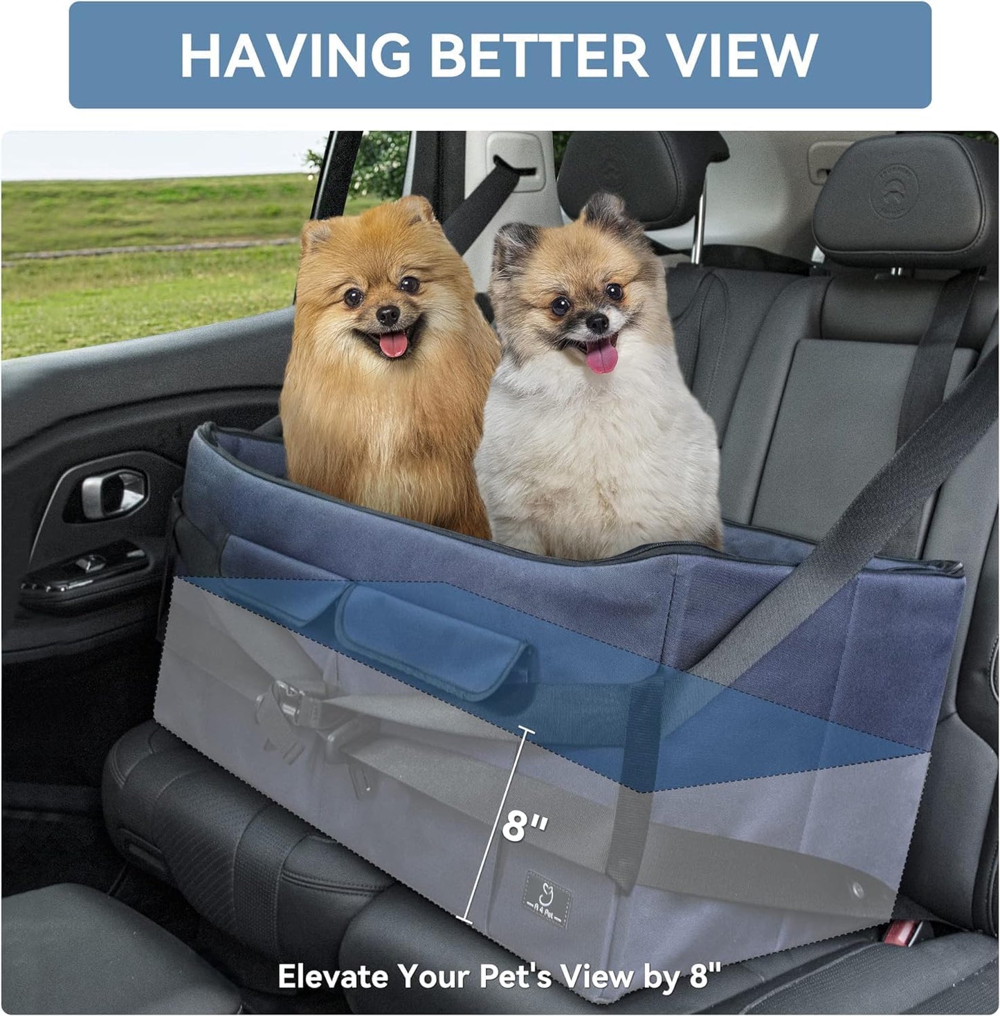 A 4 Pet Dog Car Seats for Small Dogs Under 25lbs – Safety Travel Booster Seat with Patent Buckles, Adjustable Leash – Reduces Anxiety & Road Trips – Frame Support for Cars, SUV, Pickup