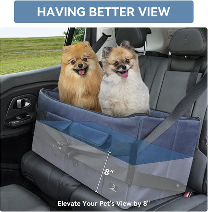 A 4 Pet Dog Car Seats for Small Dogs Under 25lbs – Safety Travel Booster Seat with Patent Buckles, Adjustable Leash – Reduces Anxiety & Road Trips – Frame Support for Cars, SUV, Pickup