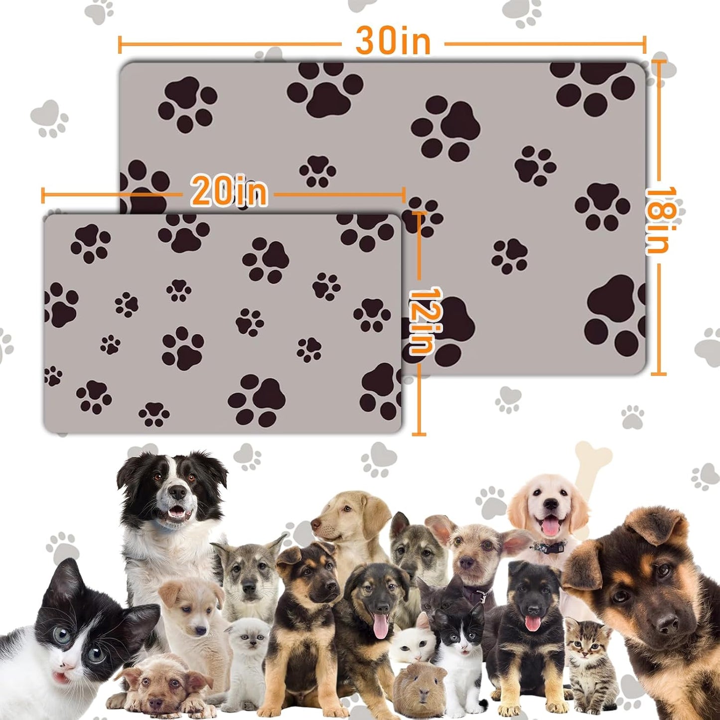 18"×30" Dog Food Mat-Absorbent Dog Mat for Food and Water, No Stains Quick Dry Cat Food Bowl Mat with Footprints for Messy Drinkers,Dark Grey