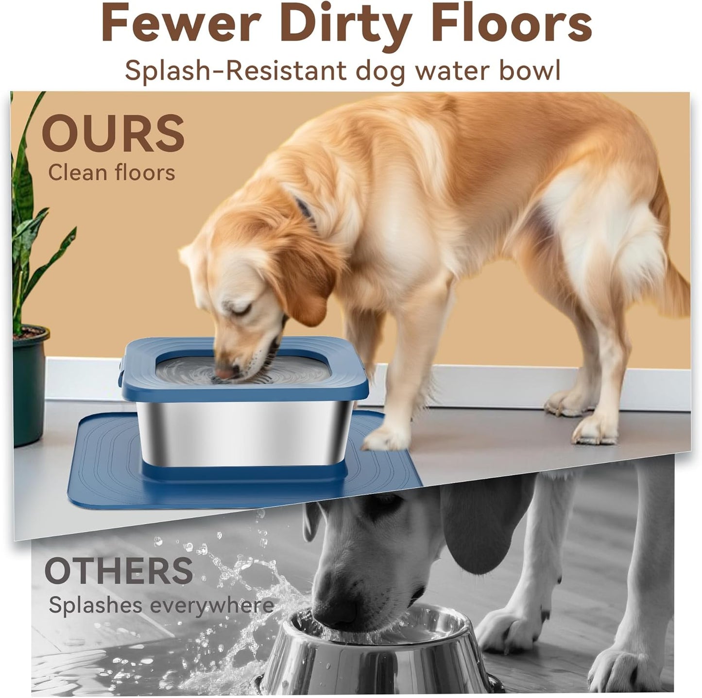 10L No Spill Dog Water Bowl, 2.6 Gal Stainless Steel No Splash Large Dog Water Bowl with Non-Slip Silicone Mat, Spill Proof Slow Drinking Pet Bowls for Messy Drinkers Indoor/Outdoor Use Black