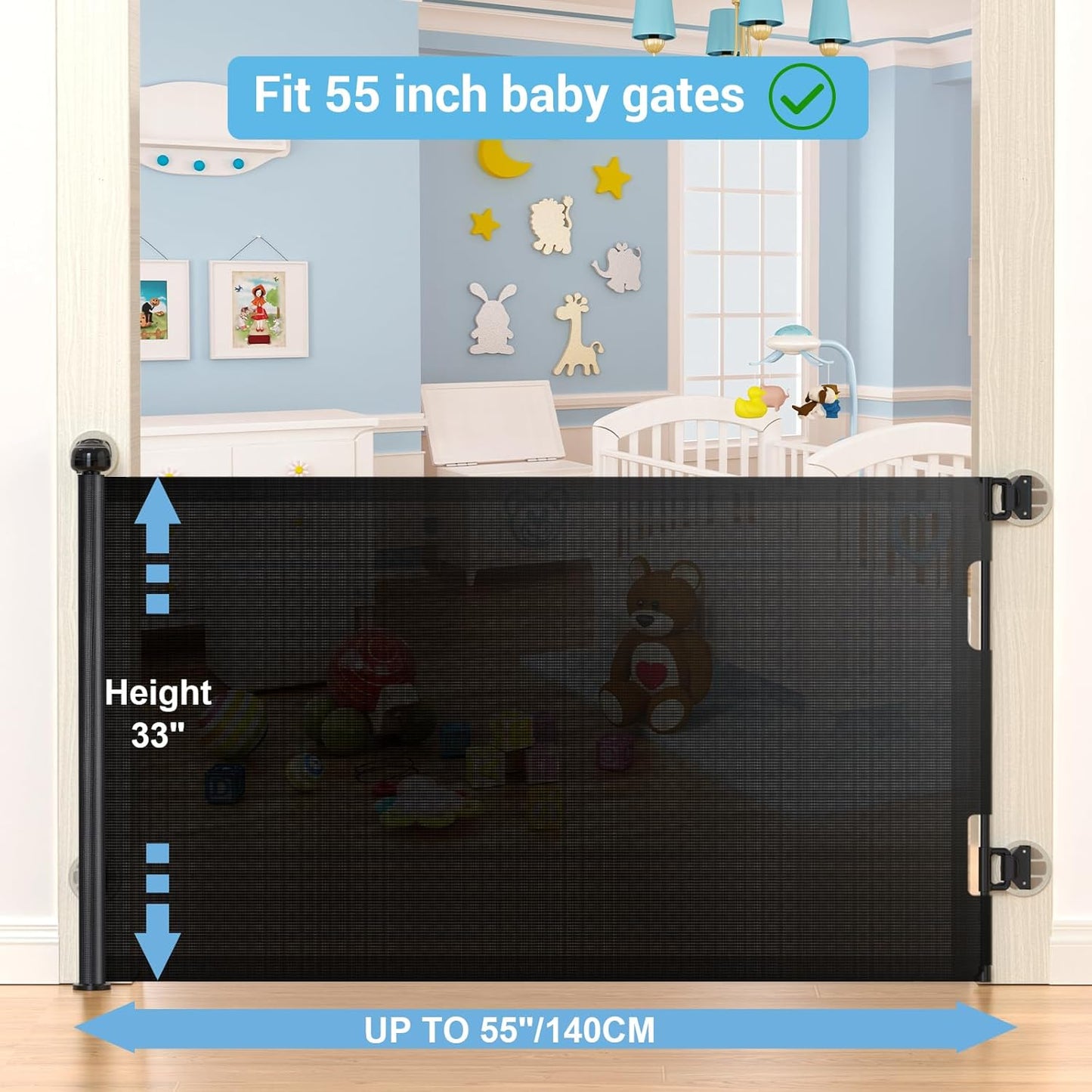 HAMOPY Retractable Baby Gate, 33" Tall, Extends up to 55" Wide, Durable Auto-Lock Baby Gates for Stairs, Mesh Dog Gate and Child Safety Gates for Doorways, Hallways, Indoor, Outdoor(Black)