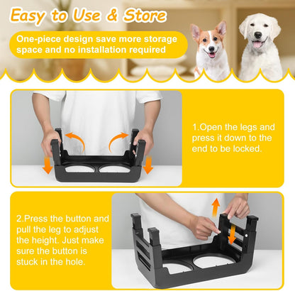 Elevated Raised Dog Bowl Stand with 2 Stainless Steel Bowls, Adjustable Height for Medium Large Dogs, 12.36" - 3.7" Foldable Feeder, Grey