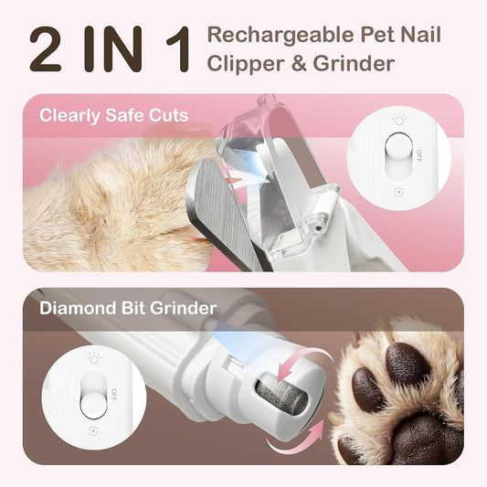 Safe 2-in-1 Dog & Cat Nail Clipper and Grinder LED Safety Light Illuminates the Quick to Prevent Over-Cutting or Bleeding, USB Rechargeable, Low Noise Motor Keeps Pets Calm Grooming for All Pet Sizes
