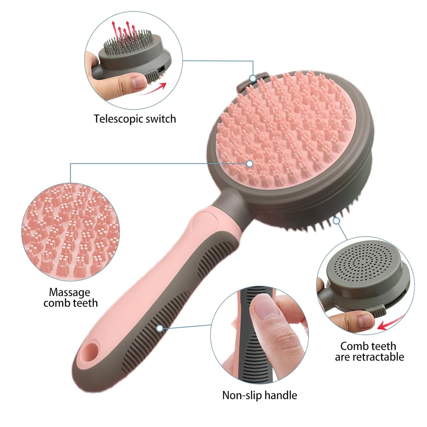 Pink Retractable Self-Cleaning Dog Bath Brush Double-Sided Dog Shedding Brush Long&Short&Massage Pin Cat Deshedding Brush Pet Grooming Tool for Dogs and Cats Remove Loose Hair Knots Tangles