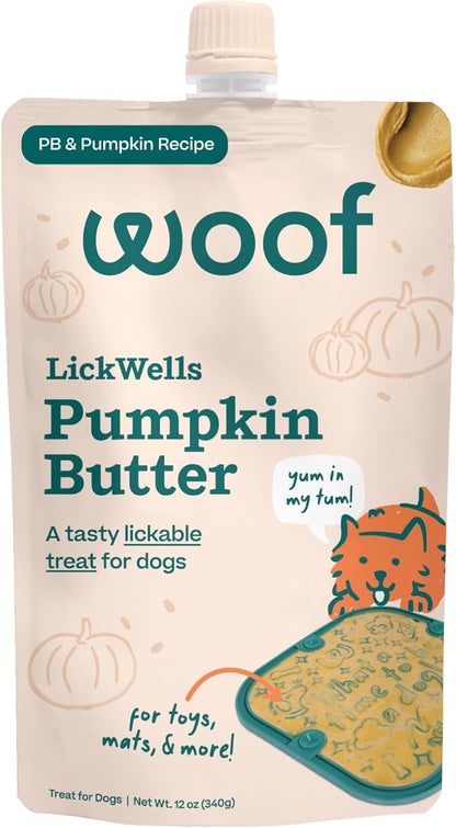 Woof LickWells Pumpkin Butter - Dog Lick Mat Spread and Meal Topper for the FlipMat and LickMat - Made with Prebiotics and Superfoods - for Digestion and Enrichment - 12 oz - PB & Pumpkin Flavor